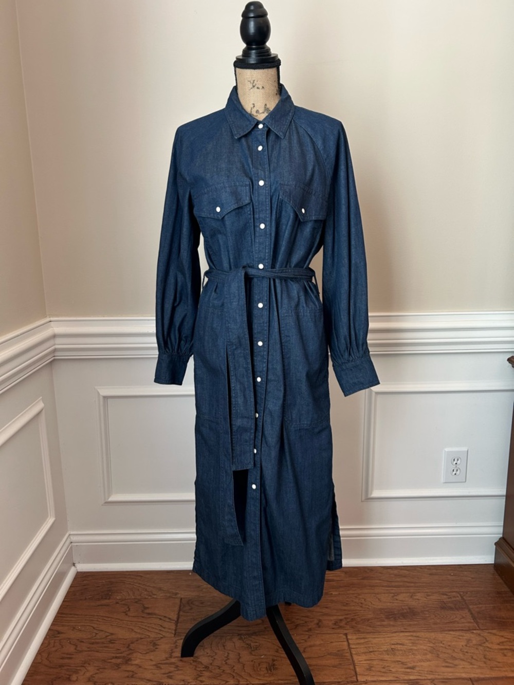 Denim Button-Front Shirt Dress with Belt - Deep Indigo